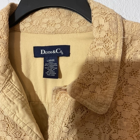Denim & Co Buttery Yellow Lace Overlay Cotton Button Down Jacket Size Large - Picture 4 of 7